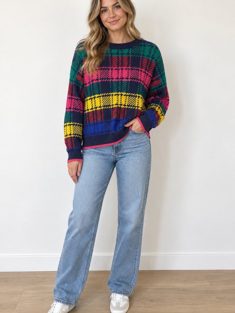 Urban Outfitters Navy Crewneck Sweater with Multicolor Plaid Stripes